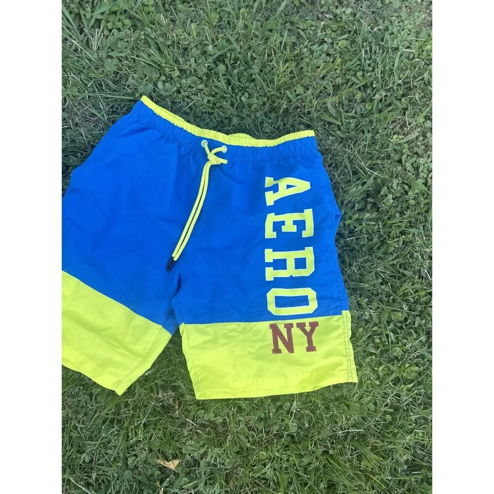Aeropostale Men’s Swim Trunks‎ Small Blue Yellow Board Shorts AERO NY